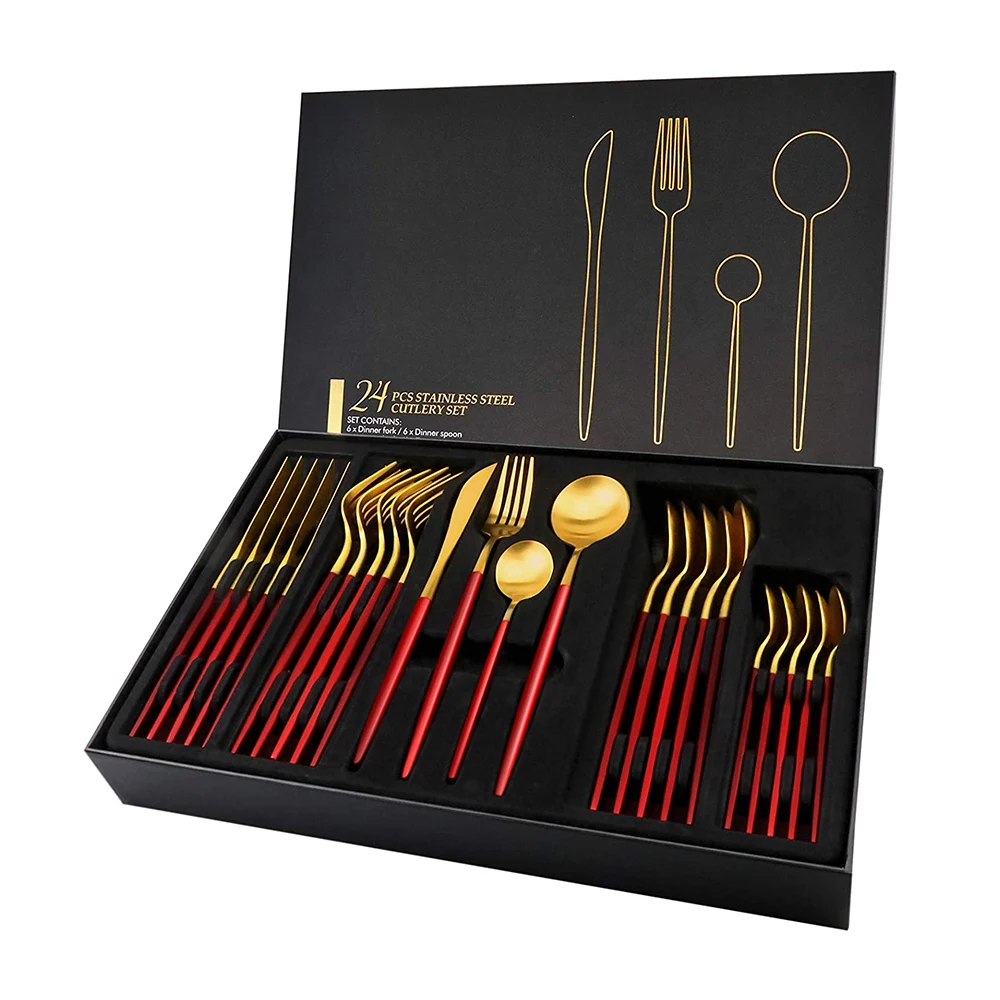 24 PCS High Grade Cutlery Set , Mirror Polishing Red Gold 
