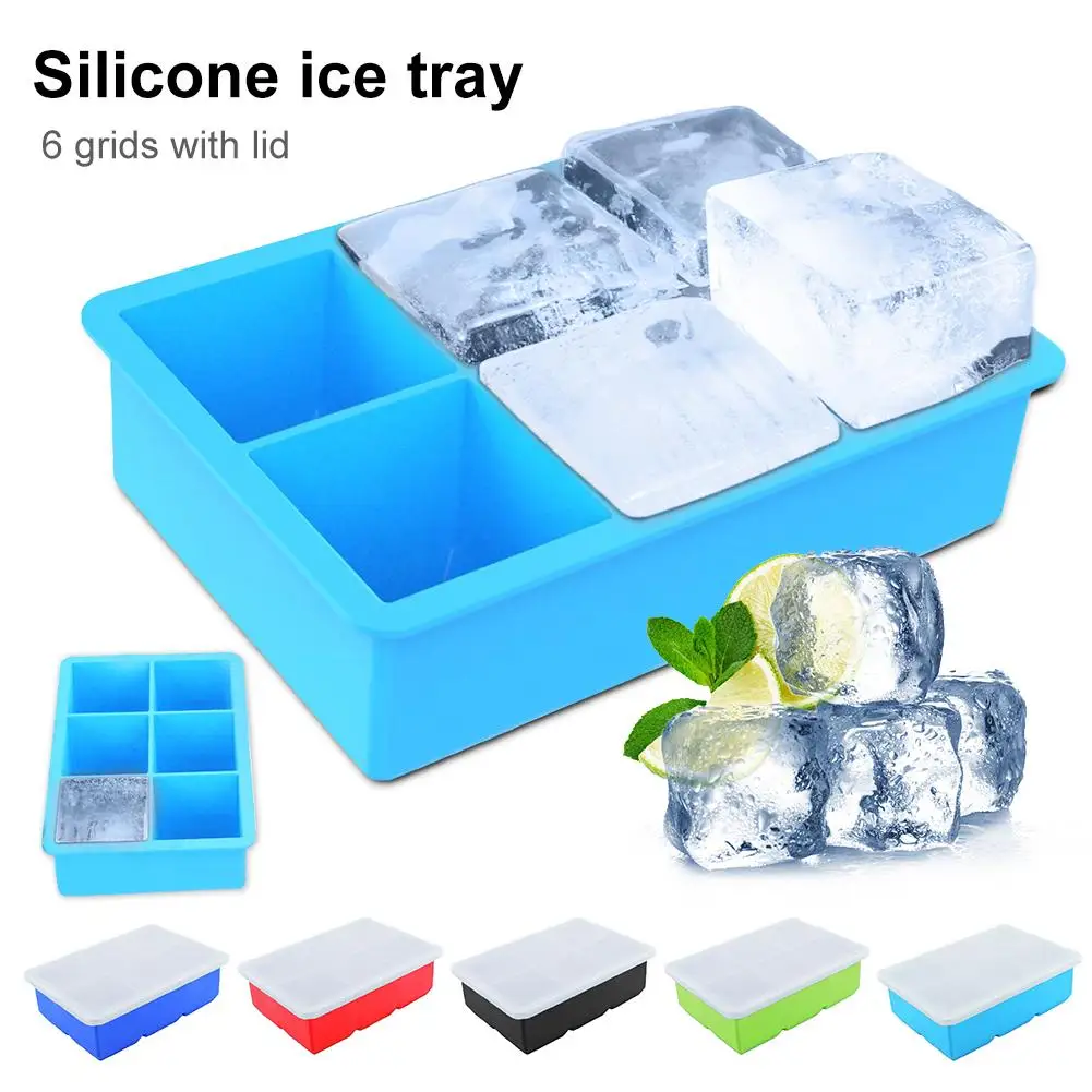 

Food Grade Silicone 6 Grids Square Ice Cube Tray Maker DIY Desert Cocktail Mold Container with Lid Home Bar Kitchen Accessories