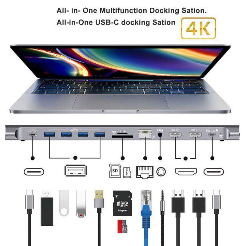 12 in 1 Type-C HUB docking station for laptop HDMI-compatible VGA RJ45 PD SD Multi USB3.0 For MacBook Surface Compatible 12-in-1