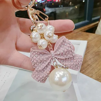 

Korea Women Cute Handmade Imitation Big Pearl Pink Fabric Bow Key Chains for Girl Fashion Car Pendant Ornament Accessories