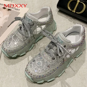 

Glitter Sparky Shoes Rhinestone Sneakers Women Chunky Platform Vulcanized Shoes 2020 Summer Mesh White Green Pink Sneakers Woman