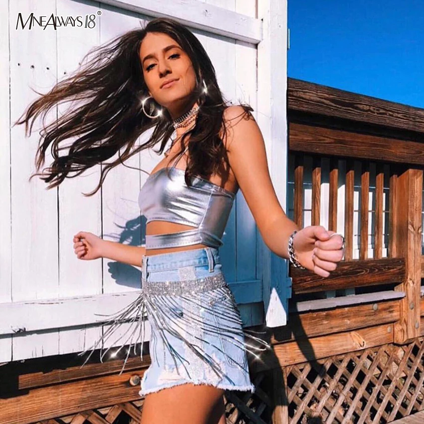 Mnealways18, сексуальный топ из искусственной кожи на тонких бретельках, с вырезами, голубой короткий топ с вырезом лодочкой, серебряная облегающая Повседневная Уличная одежда