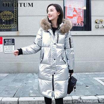 

Women's Winter Jacket Cotton Padded Down Jacket Women Coat Fashion Glossy Big Fur Hooded Jacket Plus Size Thick Female Outwear