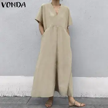 

Plus Size Shirt Dress Women's Summer Sundress 2020 VONDA Vintage Casual Cotton Maxi Dress Tunic Vestidos V Neck Solid Robe Femme