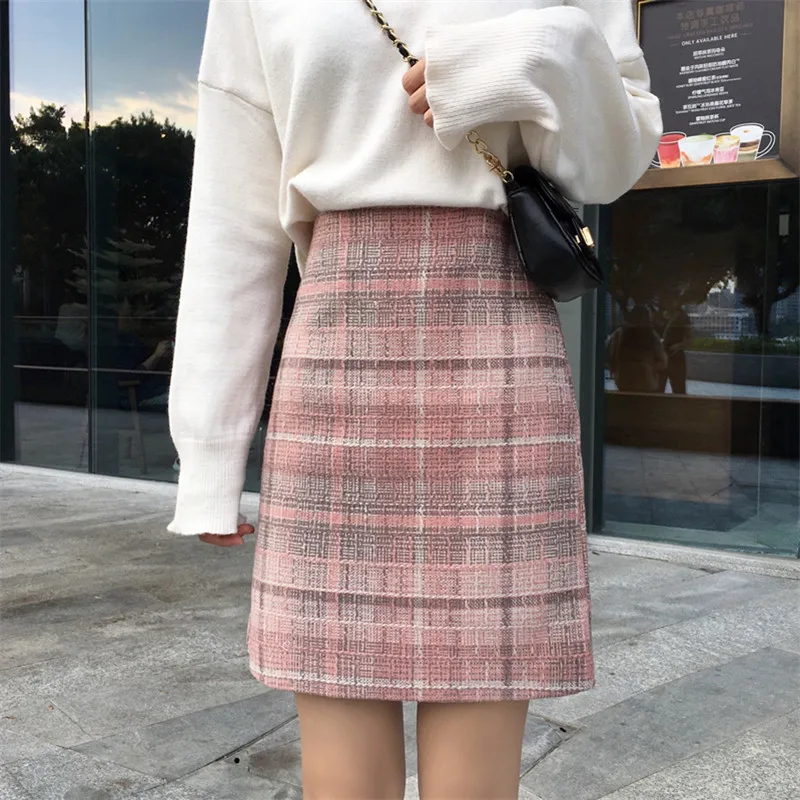 Thicken Vintage High Waist Pink Wool Autumn Winter Skirt Female Korean Sweet Mini Plaid Falda Mujer A Line School Women Skirts