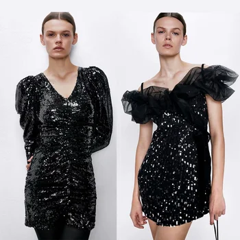 

2020 ZA Women Sequin Sexy Dress Fashion Off Shoulder Mini Short Mesh Organza Splicing Slim Fit Strap Dress Club Party Shiny New