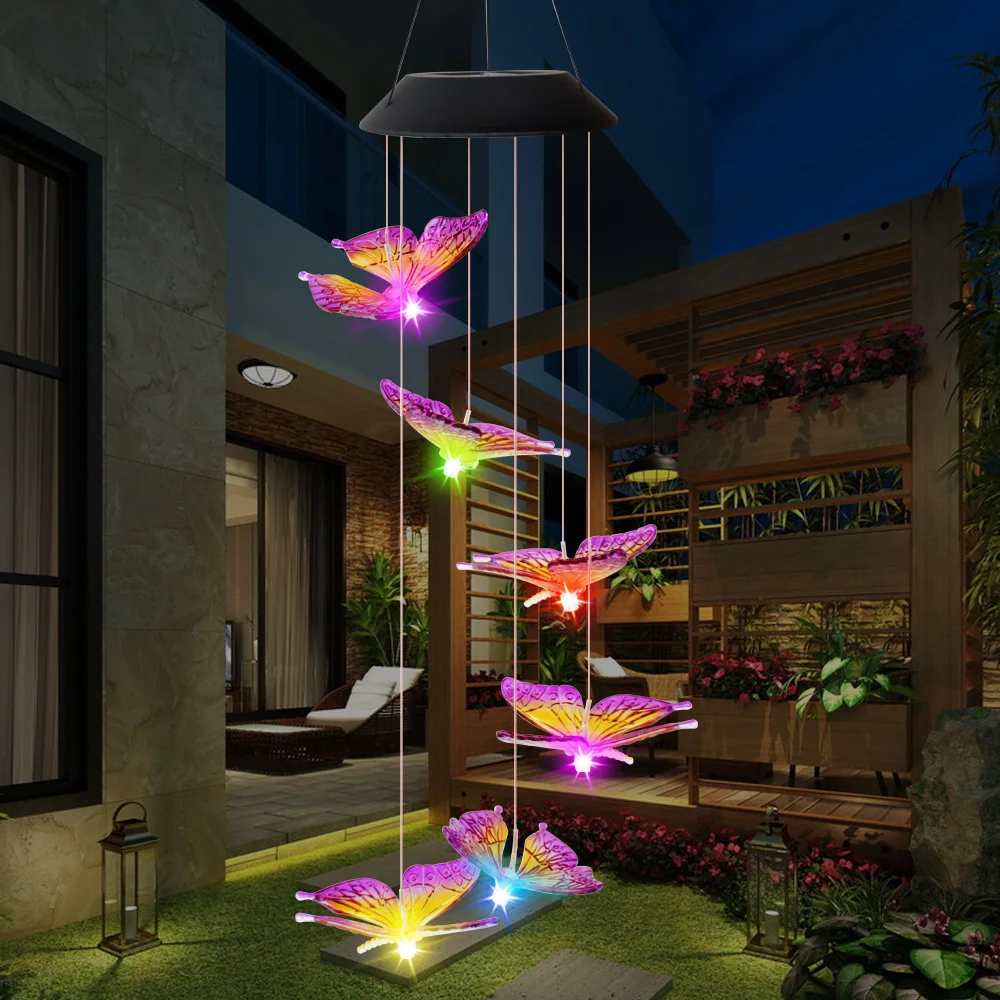 Светодиодная Солнечная бабочка, ветряные колокольчики, 7 цветов, меняющая ветер, мобильная лампа, автоматический датчик, садовый Спиннер