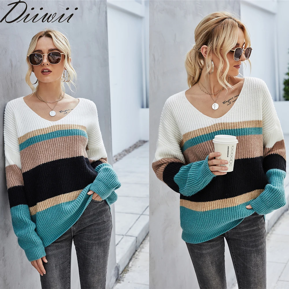 

Diiwii Female Woman Casual Long Sleeve Knitted Jumper 2020 Elegant Patchwork Striped Print Tops Pullover Girl Friend