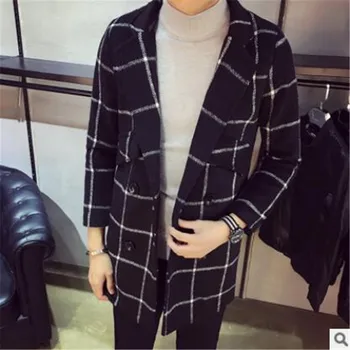

2018 winter British style gentleman simple plaid wild wool jackets men casual slim lattice Wool overcoat for men M-2XL