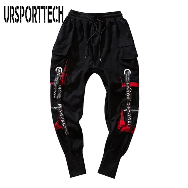Hip Hop Joggers Men Letter Ribbons Cargo Pants Pockets Track Tactical Casual Techwear Male Trousers Sweatpants Sport Streetwear Black Pants