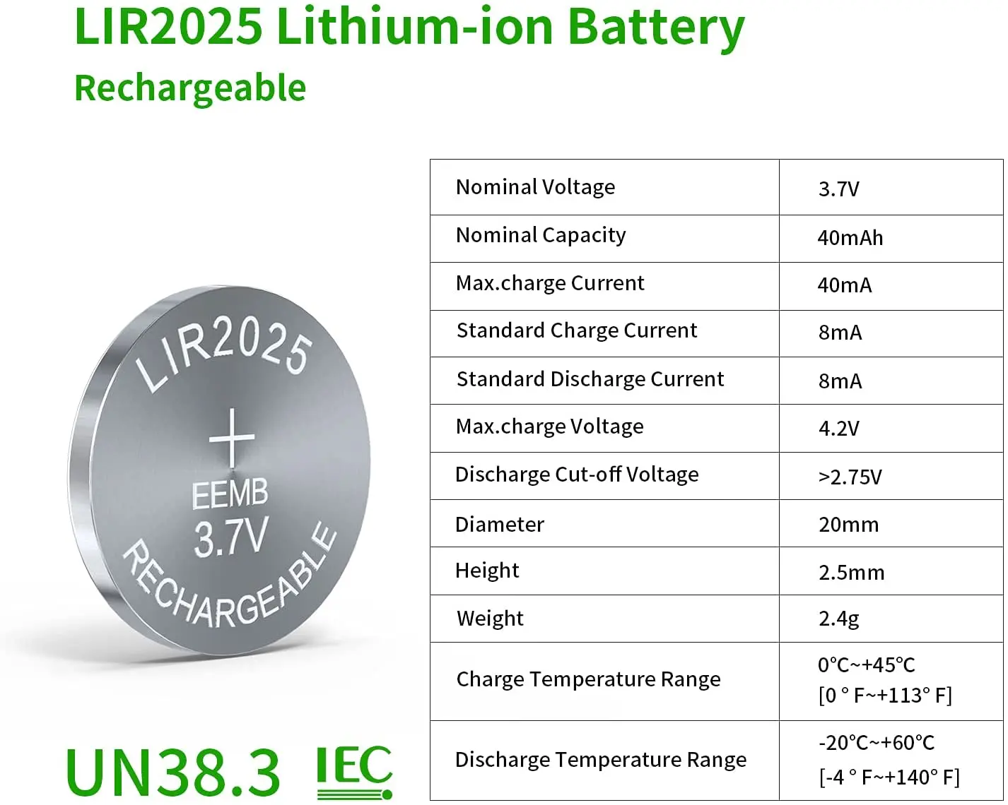 Eemb-bateria Recarregável com Carregador Baterias de Botão de Íon de Lítio Célula Moeda para Teclado Solar 2025 3.7v 40mah - Image 6