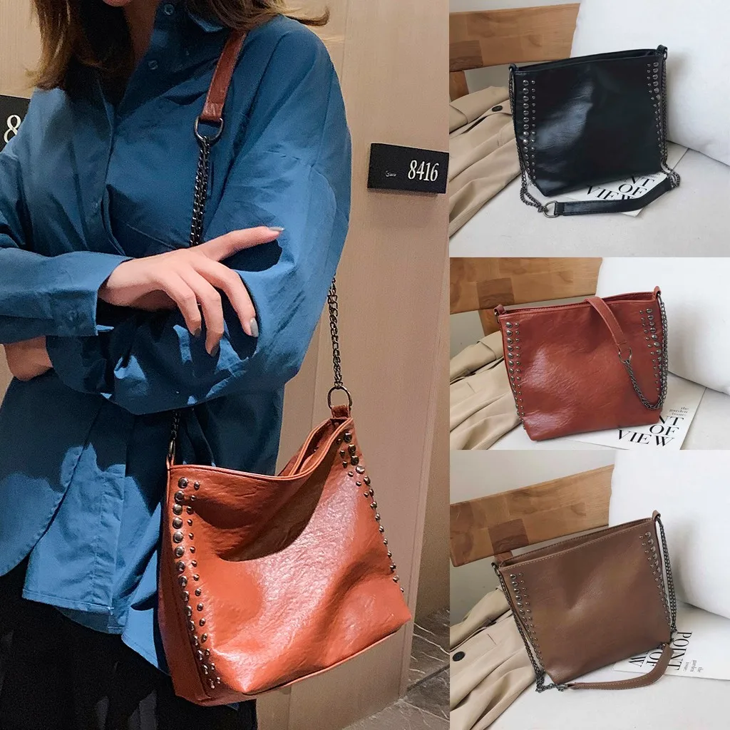 

Women's Fashion 2019 PU Rivet Chain Shoulder Bag Handle Bags Lady Big Capacity Purse Leather Female Tote Punk Hip Hop street