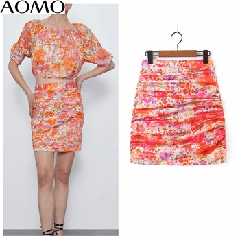 

AOMO fashion women floral pleated mini skirt faldas mujer vintage side zipper ladies elegant chic short skirts SL83A