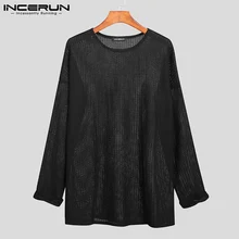 

INCERUN Tops 2021 All-match Simple Fashion Tees Men Casual Streetwear Breathable Mesh T-shirt Long Sleeve Sweater Knitwear S-5XL