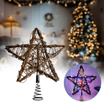 

Newly Rattan Gold Star Shape Tree Top Light Christmas Tree Leaning Stars Rustic LED Tree Top Decoration Indoor FIF66