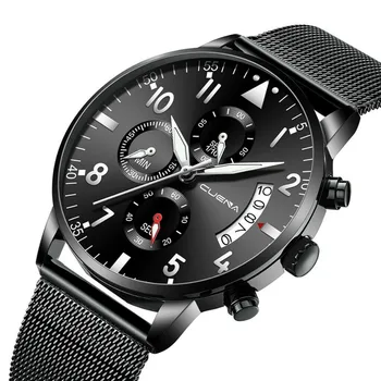 

Fashion Stainless Steel Mesh Band Watch Sport Waterproof Analog Quartz Wristwatch Three Small Dial Design Men Business Watch