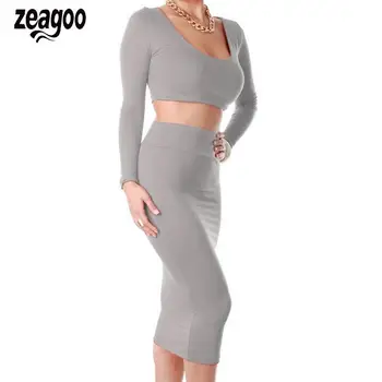 

Two Piece Sets High Waist Bodycon Clothes Casual Party Skirt Contrast Cropped Long Sleeve Midi Round Neck Camis Sexy Skirt