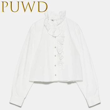 

PUWD 2020 Spring women's new small fresh fashion artificial gem button laminated Ruffle decorative shirt pure white