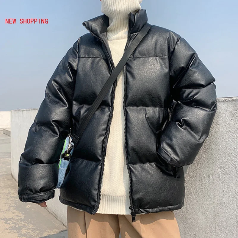 

High-Quality Warm PU Leather Oversize Paka New 2020 Autumn Winter Men Jackets Loose Puffer Parkas Short Coat Man Overcoat Black