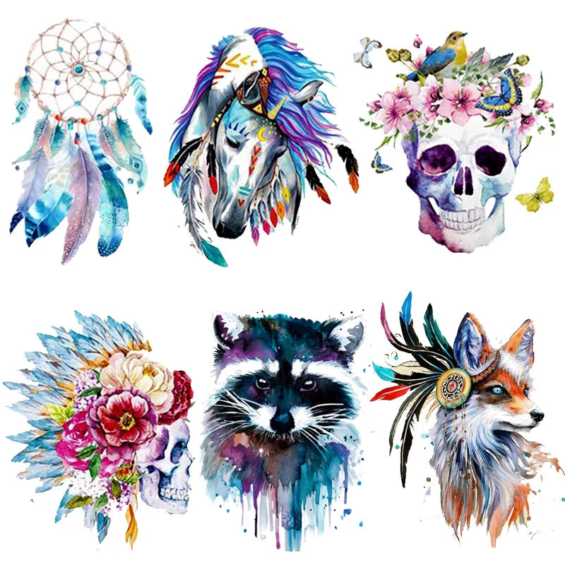 

Iron On Transfers Transfer Vinyl Thermo Patch hippie water color Picture animal patch Stripe For Clothing termoadhesivos Sticker