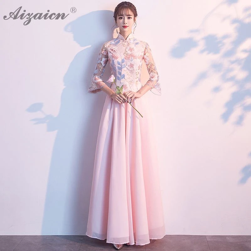 

Summer New Lace Bridesmaid Vintage Gown Qi Pao Women Traditional Chinese Dress Cheongsam Pink Sister Dresses Qipao Promotion