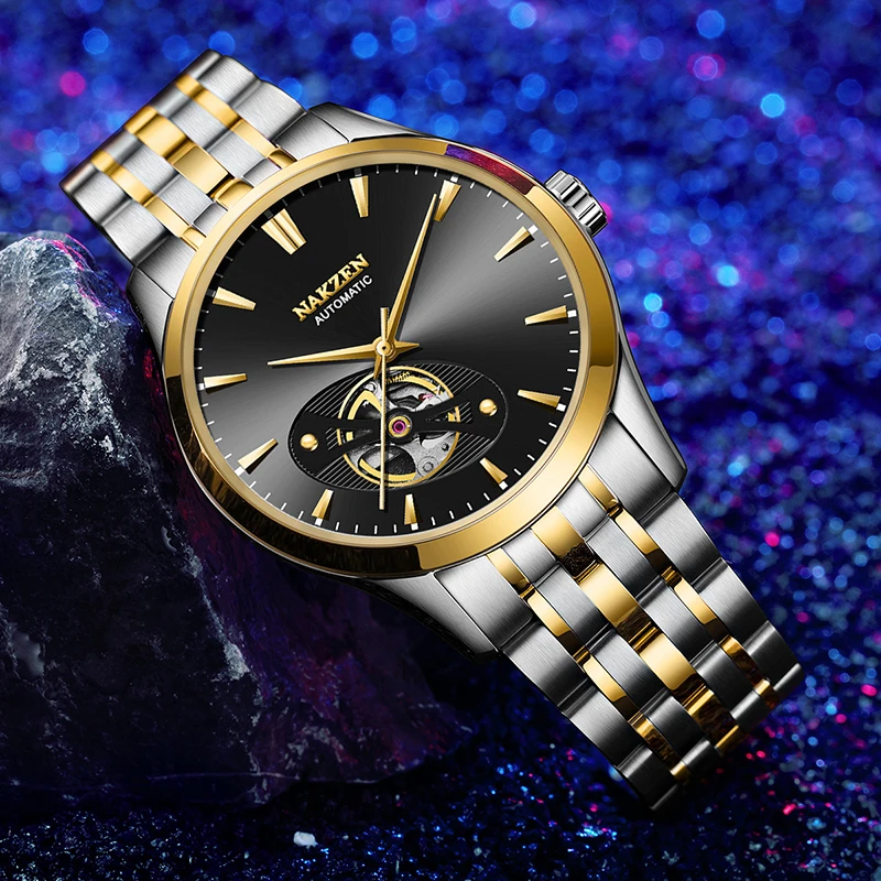 gold black NAKZEN, Мужские автоматические механические часы, Япония, Move, мужские брендовые роскошные часы, сапфир, нержавеющая сталь, наручные часы, Relogio Masculino - Цвет: gold black
