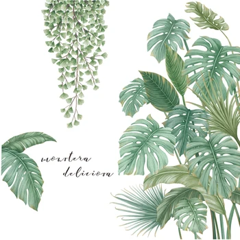

TV Background Nordic Style Waterproof Bedroom Wall Sticker Living Room Tropical Leaves Nursery Green Plant Art Mural PVC