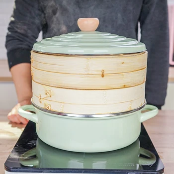 

Enamel double ear soup pot Japanese thickened porcelain enameled stewpot electromagnetic gas cooker bamboo drawer steamer pan