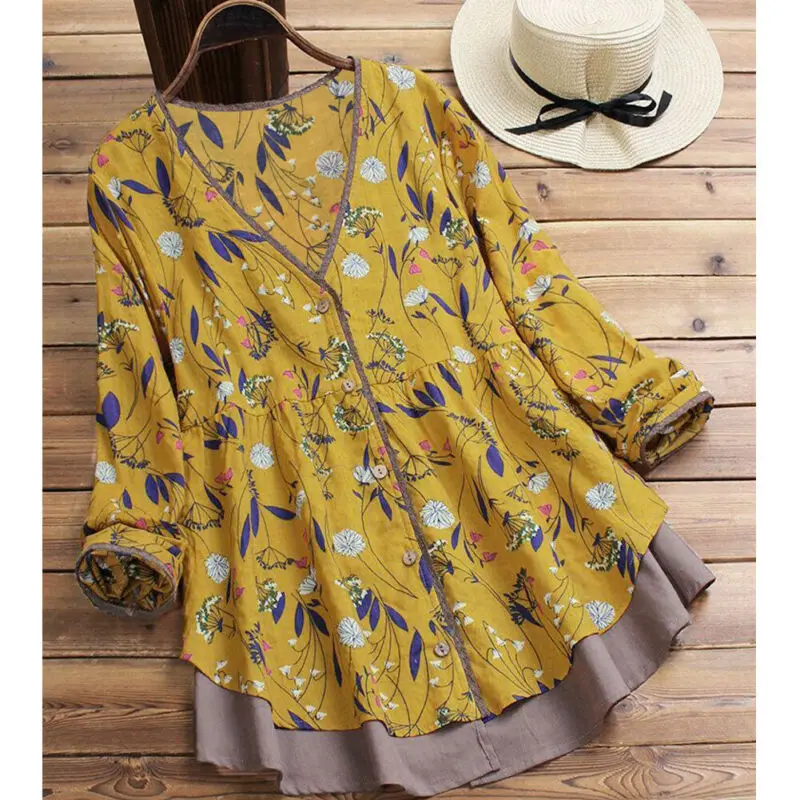 

Fashion Women Vintage 70s Ethnic Gypsy Boho Mini Flower Printing Peasant Hippie Mexican Blouse Retro V-Neck Long Sleeve Top