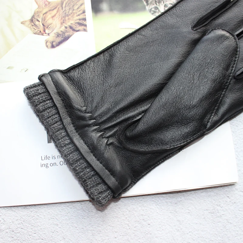 High-quality sheepskin touch screen gloves men's new corrugated wool knitted warm velvet motorcycle driving leather gloves