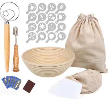

Round Bread Proofing Basket, Proving Basket 9 Inch with Cloth Liner, Bread Bag, Lame, Whisk, Scraper, 16 Decor Stencils