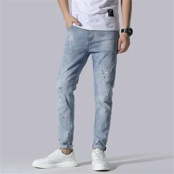 

Free Shipping Spring / Summer 2020 New Men's Mid-Rise Ankle-Length Jeans Stretch Slim Hole Paint Dots Jeans