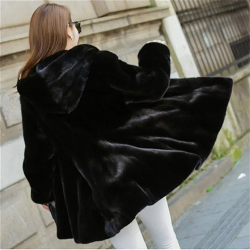 Winter Thick Fur Young Women Medium-long Hooded Water Mink Fur Jacket Plus Size 8XL Ladies Warm Clothes Coats And Outwear G1266 - Цвет: black