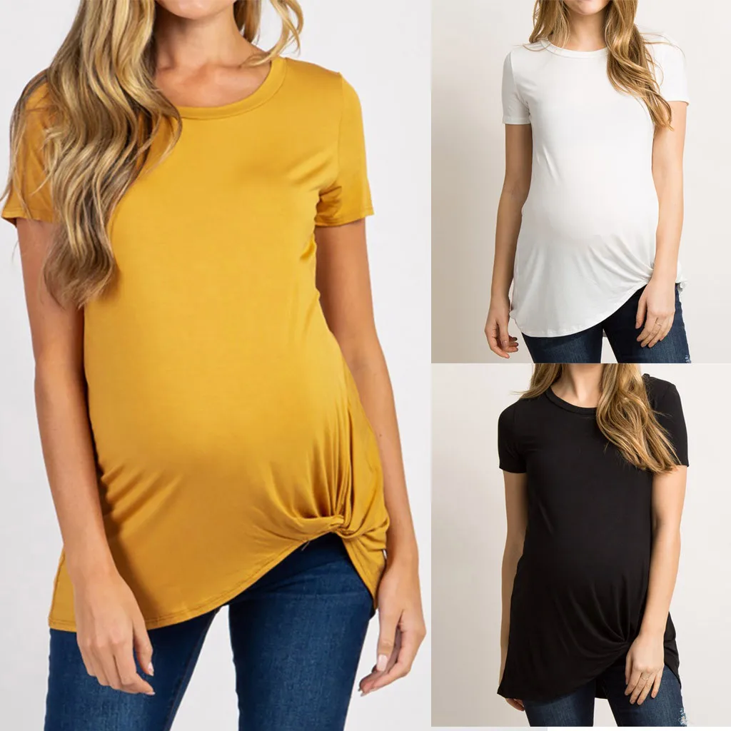 

Women's Maternity Short Sleeve Crew Neck Tie Pregnancy T-Shirt Solid Clothes for Pregnant O-Neck Short Sleeve Blouse HOOLER