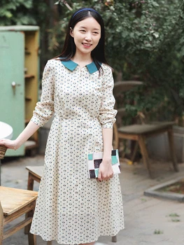 

CYNTHIA Women Cotton Dresses Female Vintage Floral-printed Turn-down Collar Long-sleeve Dress Fans +3% Discount Spring Fall
