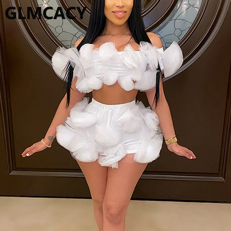 Women Two Piece Chic Suits Mesh Floral Applique Tube Top and Hot Shorts Set Summer Sweet Party Outfits Women Two Piece Chic Suits Mesh Floral Applique Tube Top and Hot Shorts Set Summer Sweet Party Outfits