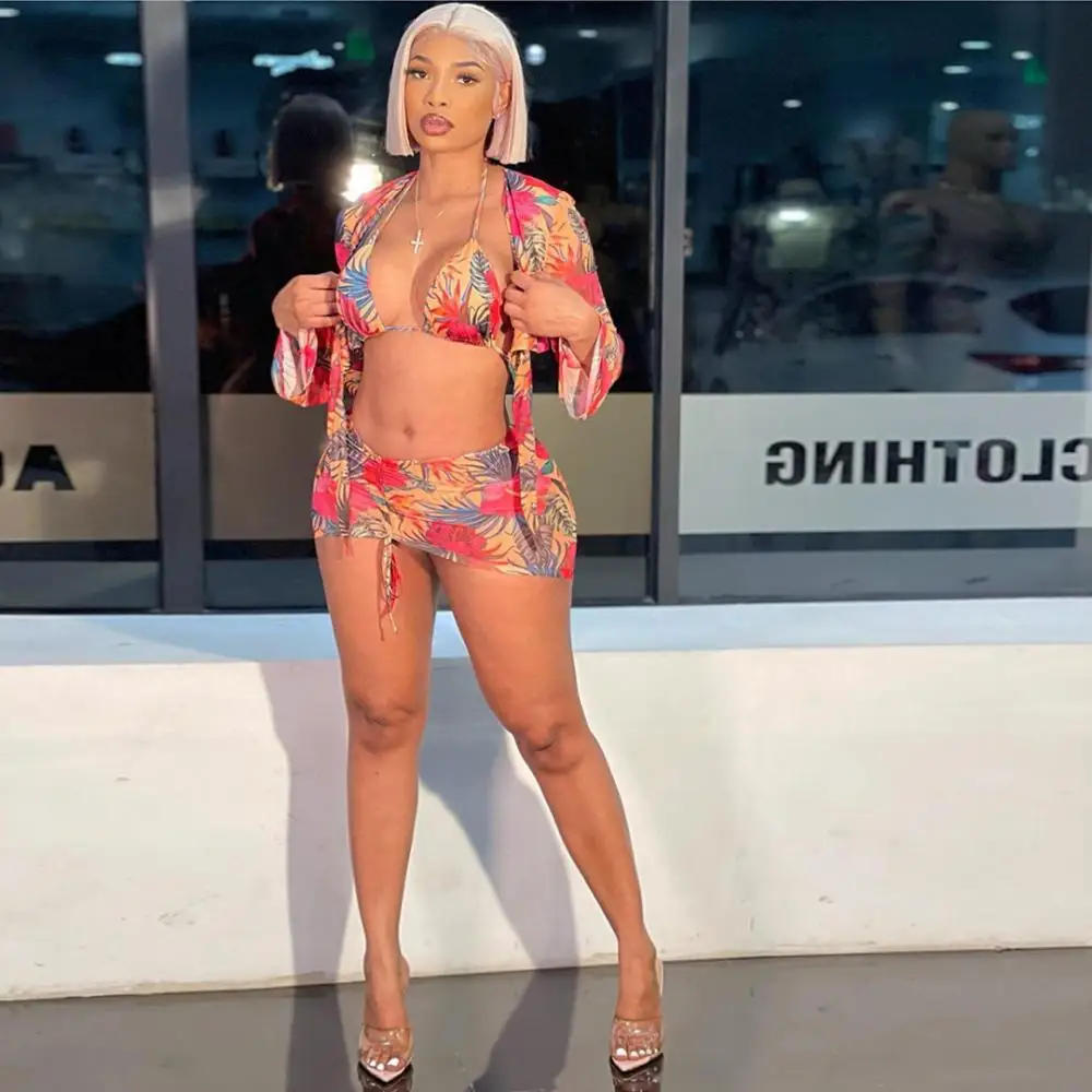 

2021 European and American Women's Fashion Casual Printing Urban Popular Seaside Vacation Swimwear Four Piece Suit Sexy Swimsuit