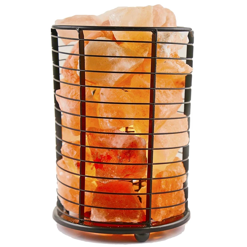 Natural Himalayan Salt Wire Mesh Basket Cylinder Lamp With Cord, Light Bulb And Authentic Allies Info Card-Eu Plug