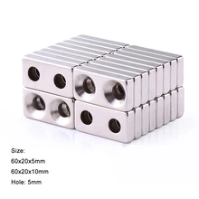 1pcs 60x20mm Thick 5/10mm Rectangle Neodymium Magnets With 5mm Double Countersunk Hole Strong Permanent Magnet Rare Earth Magnet