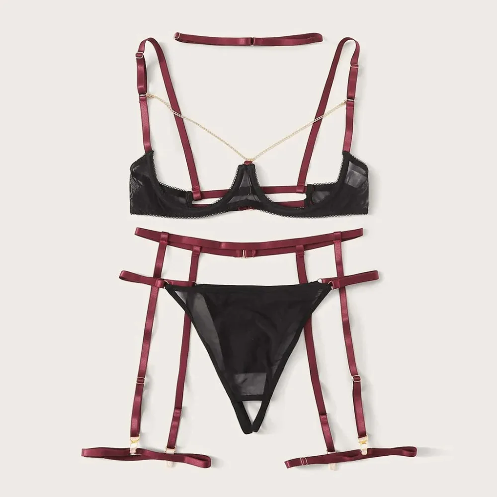 Sexy Exquisite Lace Lingerie Bra+Garter+Briefs Set Babydoll Cut-Out Sleepwear Erotic underwear SM Game Sexy Hot Girl Lover Gift