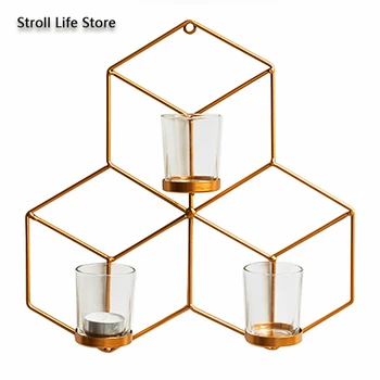 

Ins Wall Hanging Candle Holder Geometry Candlestick Creative Glass Candlelight Cups Windproof Wall Decor Bougeoir Gift FC463