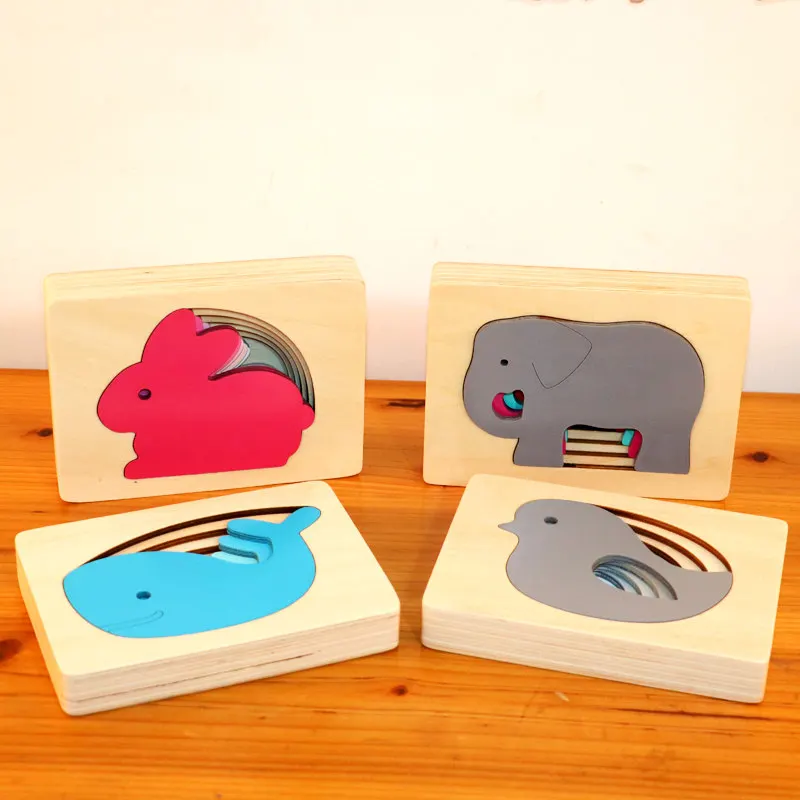Монтессори градиентные многослойные деревянные игрушки-паззлы для детей закат цвет радужные Блоки образовательный Дошкольный обучающие средства - Цвет: 4 set Puzzle