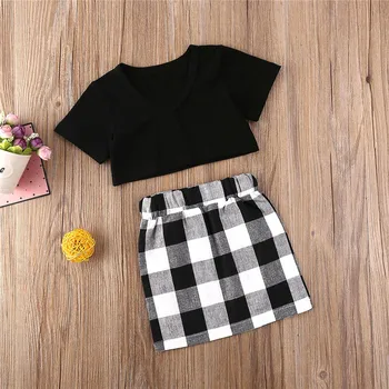 

Free shipping Toddler Kids Baby Girls Clothes V-neck Short Sleeve pullover solid Tops Plaid Skirts 2pc newborn cotton Outfits