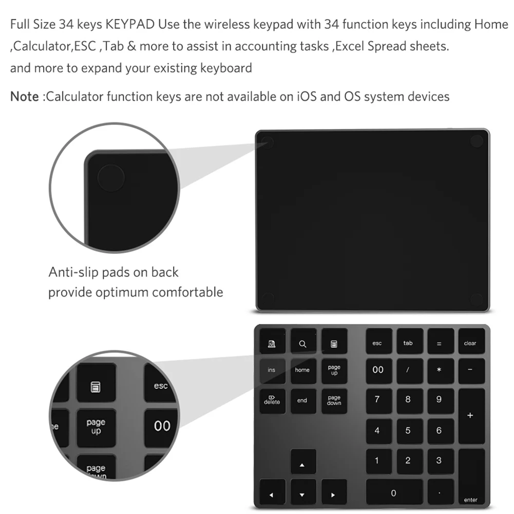 

Bluetooth Number Pad Keyboard Numeric Mini 34 Keys Aluminum Alloy for iOS Android VDX99