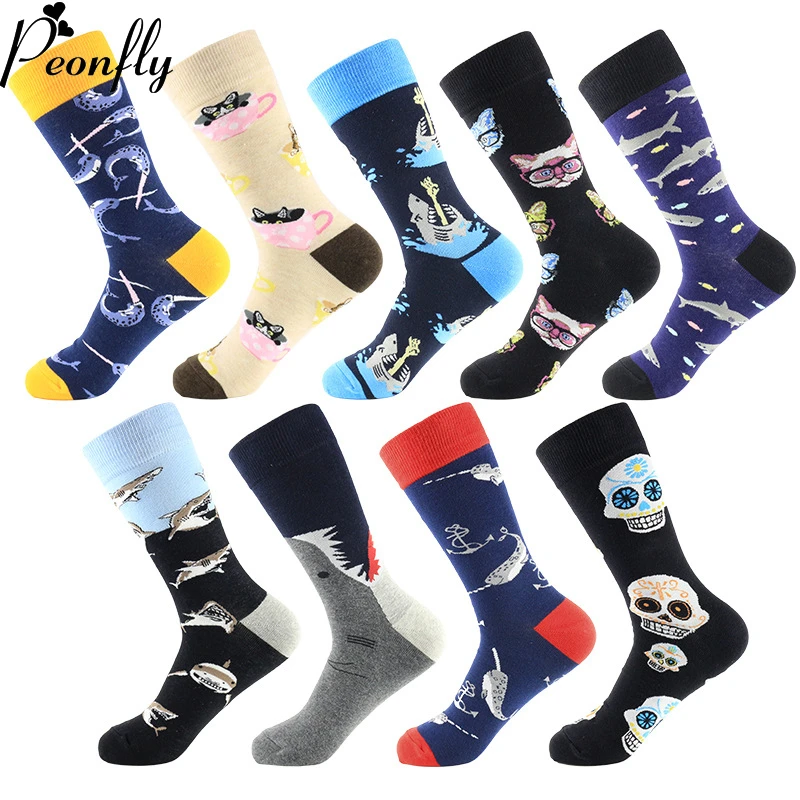 

PEONFLY 1 Pair Men Socks Combed Cotton Cartoon Animal Cat Shark Sea Food Geometric Novelty Funny Socks Calcetines Hombre