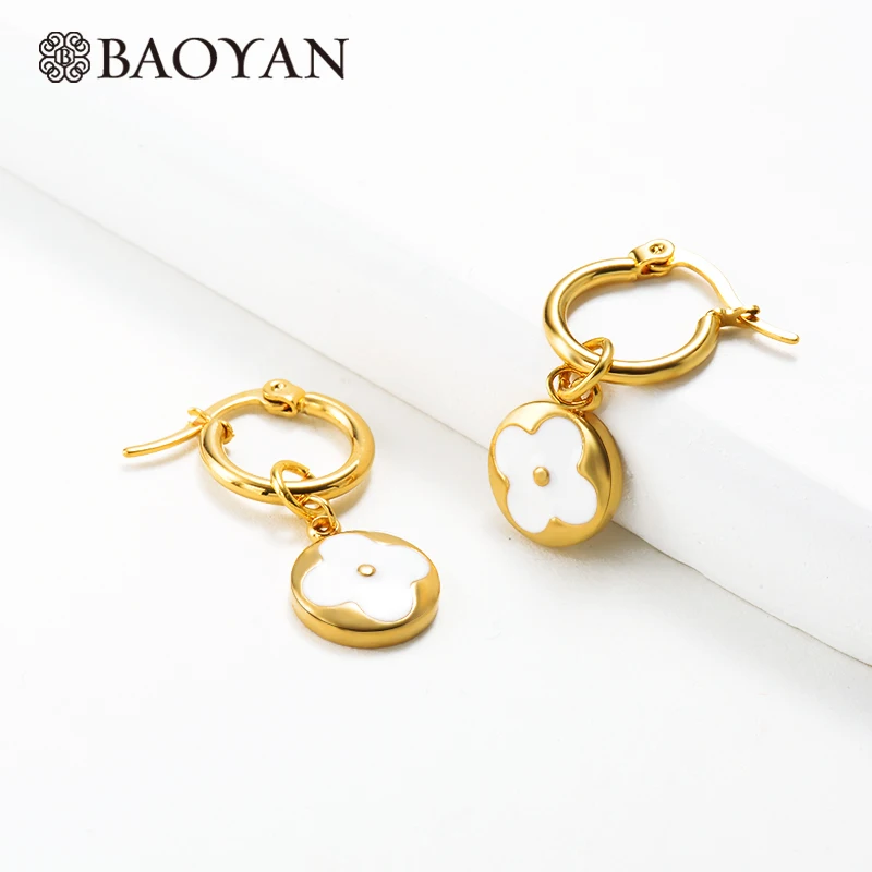 Baoyan, элегантные золотые серьги-кольца, желтый, белый, голубой цвет, эмаль, цветок, корона, серьги, модные серьги-кольца из нержавеющей стали для женщин