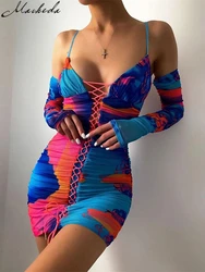 Macheda, moda de otoño Vestido con tirantes y estampado de las mujeres Sexy sin mangas de encaje con cuello en V de la calle fiesta Bodycon MIni vestidos de señora