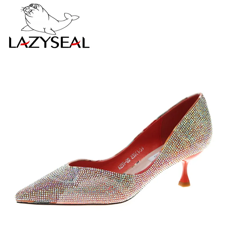 LazySeal/осенние туфли-лодочки с острым носком, украшенные кристаллами женская обувь без застежки на каблуке 6 см; новая классическая женская свадебная обувь для вечеринок