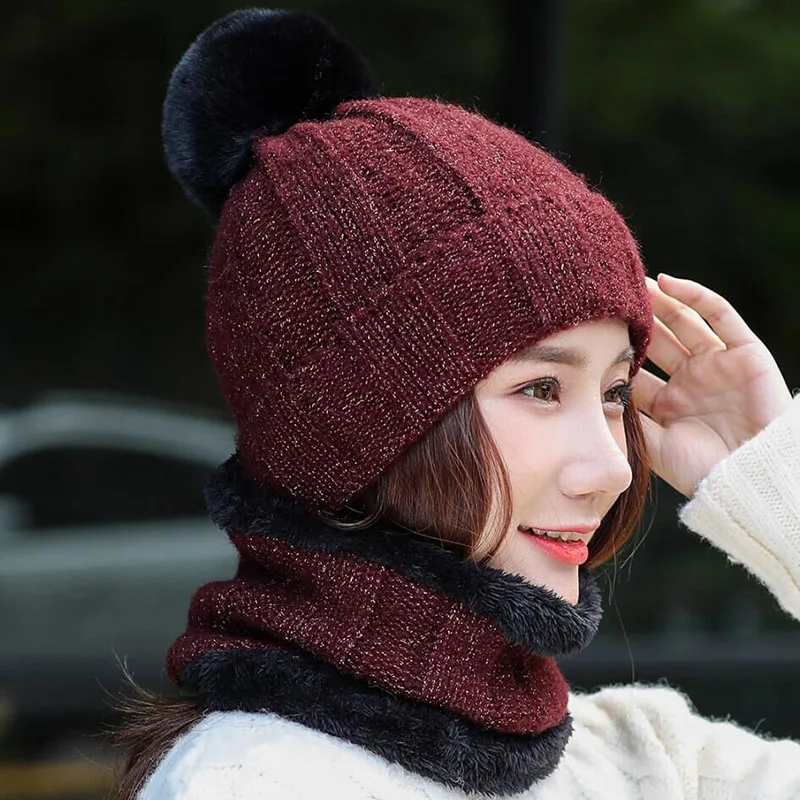 SUOGRY Hot Selling 2pcs Ski Cap And Scarf Cold Warm Leather Winter Hat for Women Knitted Hat Bonnet Warm Cap Skullies Beanies