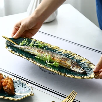 

Nordic sushi fish barbecue long plate snack pastry breakfast dish creative leaf-shaped western food tray YHJ40605